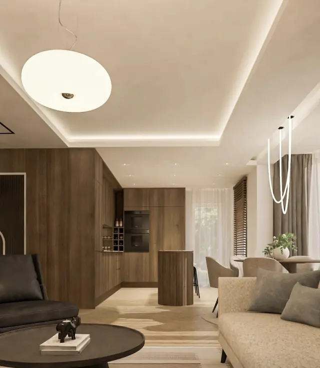 Soggiorno con controsoffitto e luce indiretta