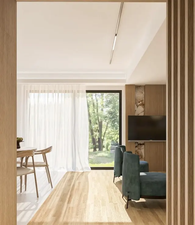 Wohnzimmer mit grosser Fensterfront und Holzlamellen
