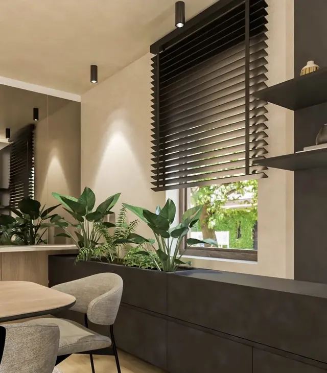 Relaxation area with slatted blind and plants